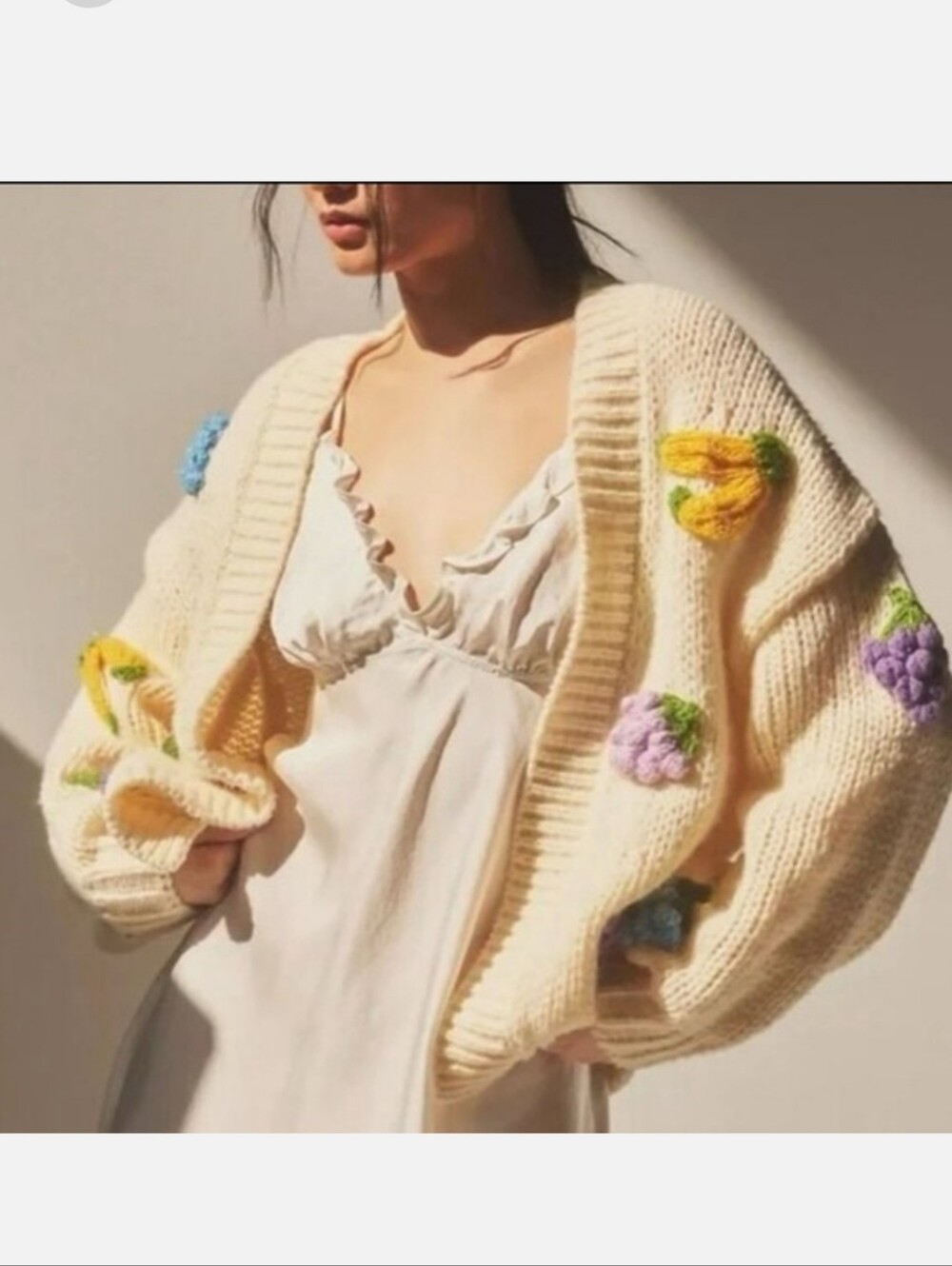Anthropologie Duchamp Cream Fruit Icon Chunky Knit Cardigan Sweater Sz One Size